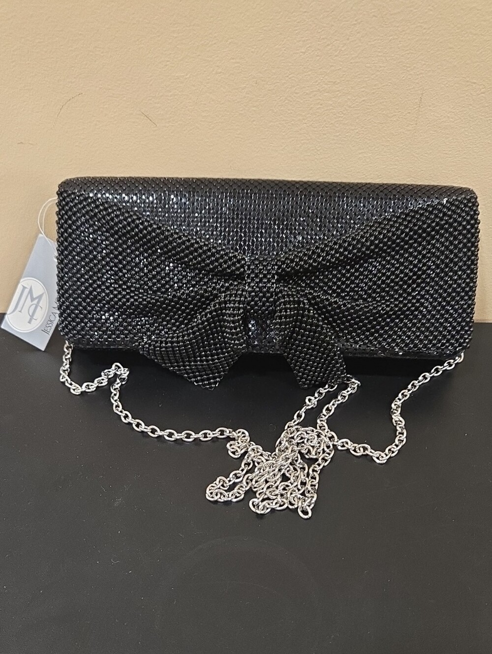 Jessica McClintock Black Crystal Mesh Bow Clutch with Chain